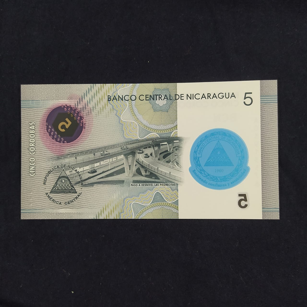 5 Cordobas UNC 2019 Scarce - 60 Yrs of the Central Bank of Nicaragua - Commemorative Issue - Polymer Note