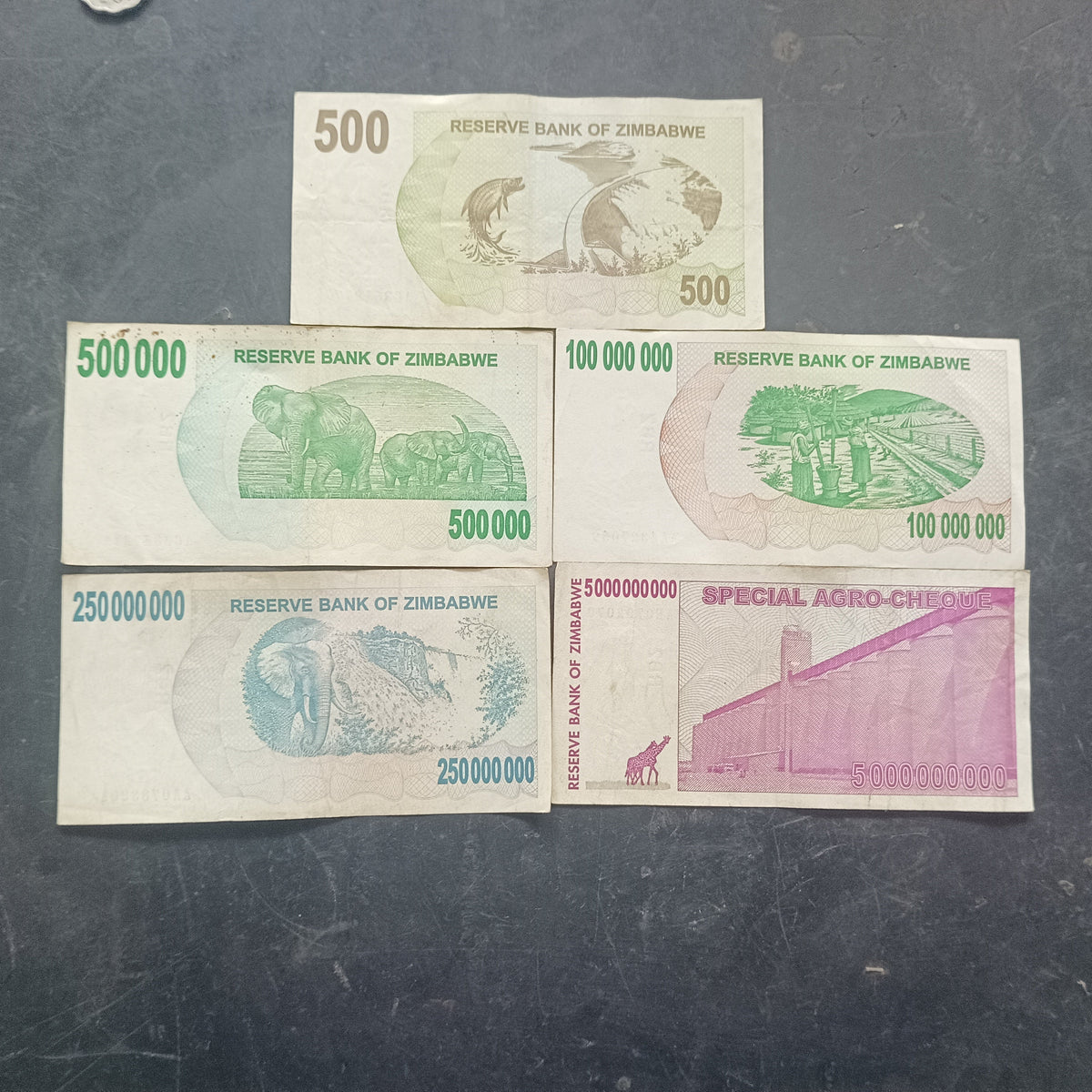 Set of 5 High Denomination Notes (500/500000/100000000/250000000/5 Billion)- Zimbabwe - Random serial number