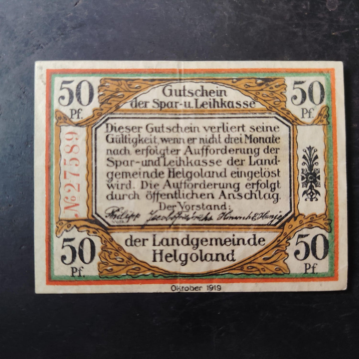 50 Pfennig 1919 Municipality of Helgoland (Prussian province of Schleswig-Holstein) (Ref : AUC1978)
