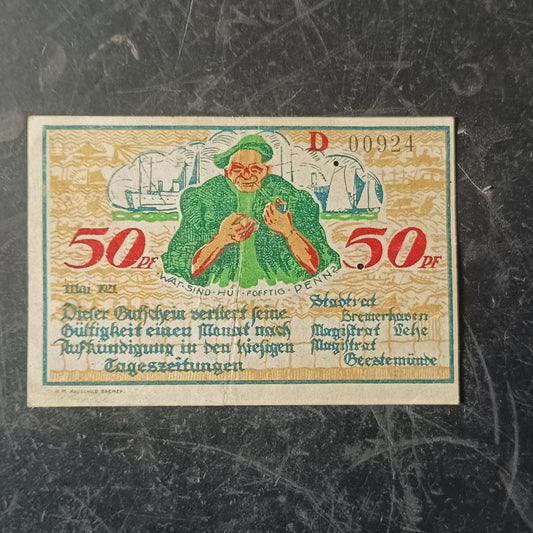 50 Pfennigs 1921 - 	Cities of Bremerhaven, Lehe and Geestemünde (Federal state of Bremen)  -  German Notged (Ref: AUc1952)