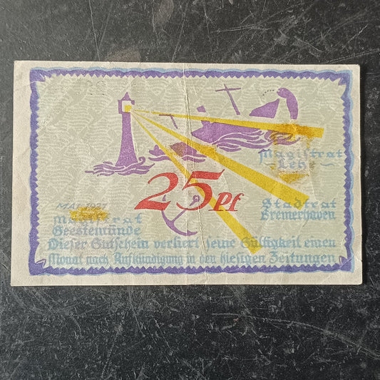 25 Pfennigs 1921 - Cities of Bremerhaven, Lehe and Geestemünde (Federal state of Bremen) -German Notgeld (Ref: AUC1954)