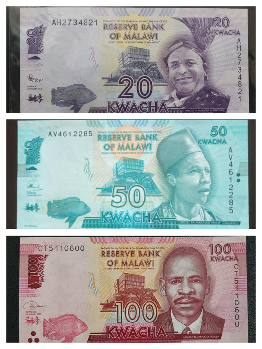 Malawi - Set of 3 UNC Notes (20/50/100 Kwacha)