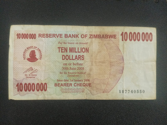 10 000 000 Dollars (10 million) Bearer Cheque - Zimbabwe (Ref : 251115N)