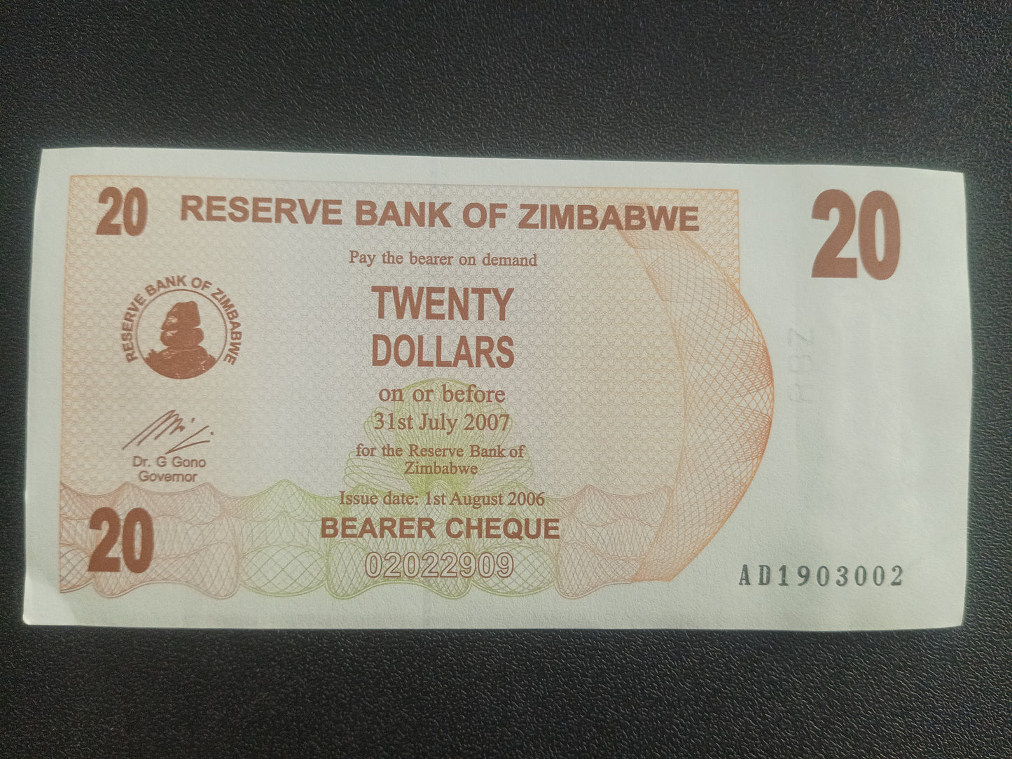 20 Dollars 2006 UNC - Zimbabwe (Bearer Cheque)