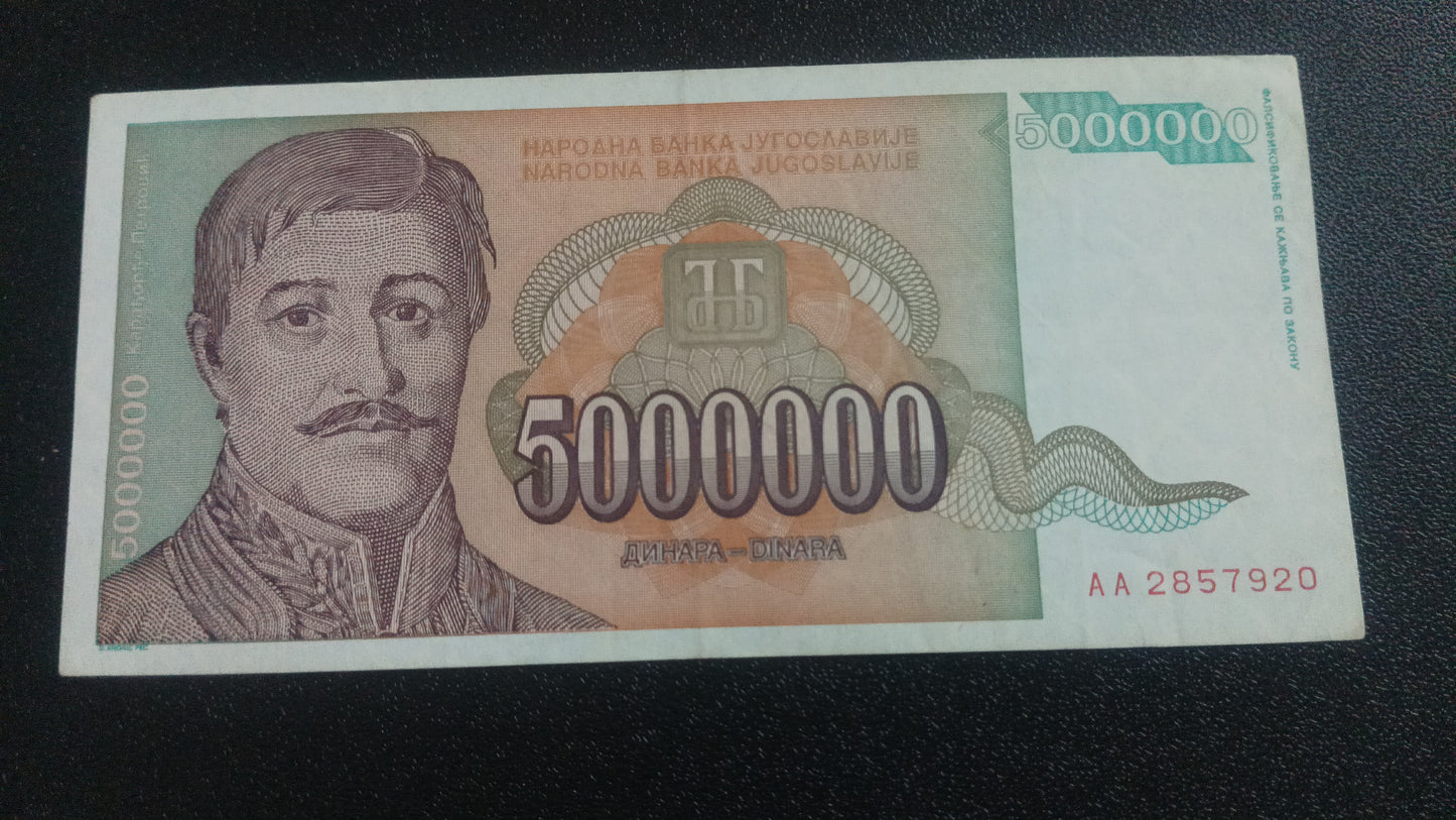 5000000 Dinara 1993 AUNC - Yugoslavia