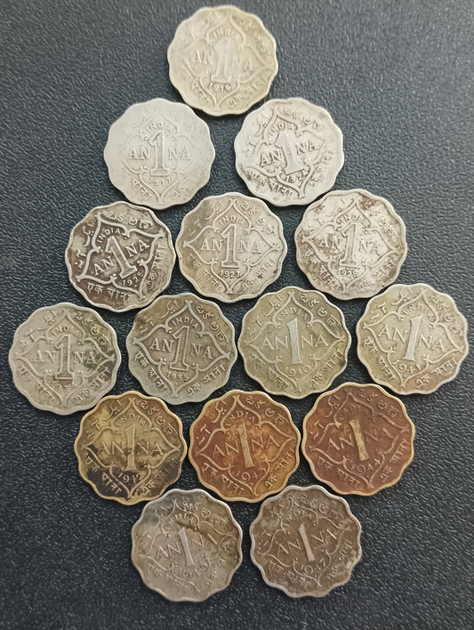 Lot of 15 Different Years 1 Anna Coins (George V and George VI) - (Ref : AUC0735)