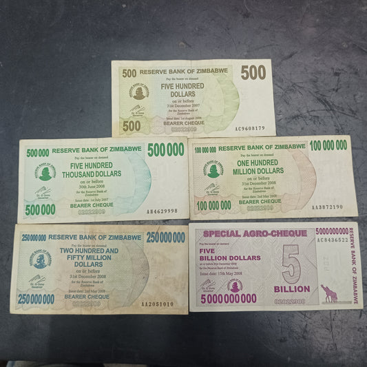 Set of 5 High Denomination Notes (500/500000/100000000/250000000/5 Billion)- Zimbabwe (Ref : AUC1460)