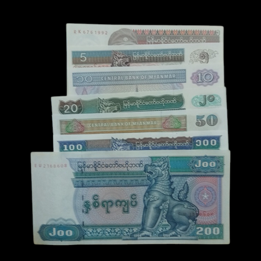 Gift Set - Myanmar Set of 7 Different UNC Notes (1/5/10/20/50/100/200 Kyats)