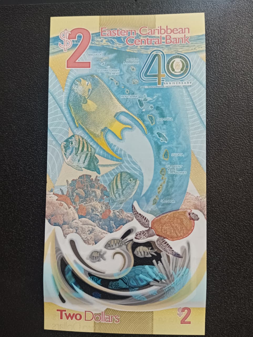 2 Dollars 2023 UNC Polymer Note (40 Years of the Eastern Caribbean Central Bank) - Eastern Caribbean States