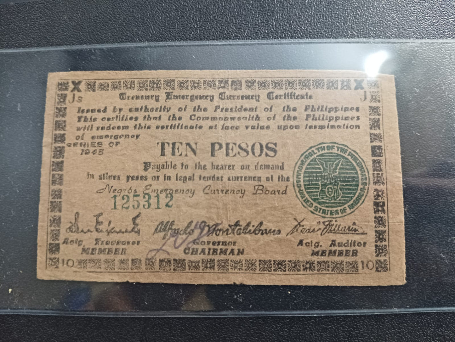 10 Pesos 1944 (TREASURY EMERGENCY CURRENCY CERTIFICATE) - Philippines Province of Negros Oriental (Island of Negros)) - (Ref : 121201)