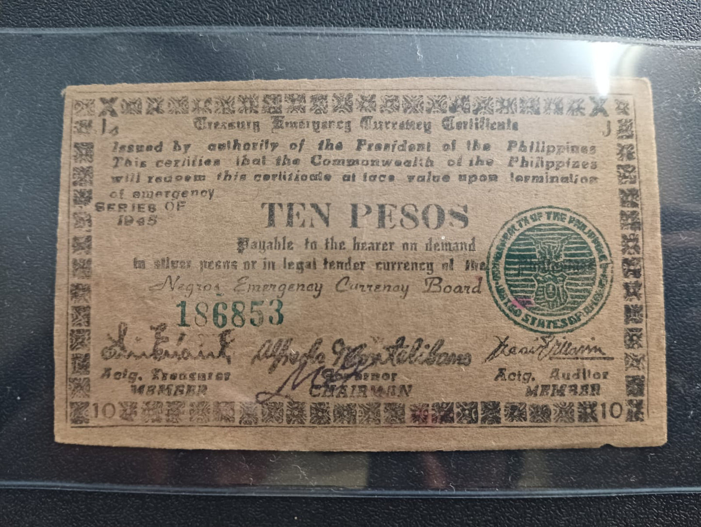 10 Pesos 1944 (TREASURY EMERGENCY CURRENCY CERTIFICATE) - Philippines Province of Negros Oriental (Island of Negros)) - (Ref : 121202)