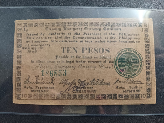 10 Pesos 1944 (TREASURY EMERGENCY CURRENCY CERTIFICATE) - Philippines Province of Negros Oriental (Island of Negros)) - (Ref : 121202)