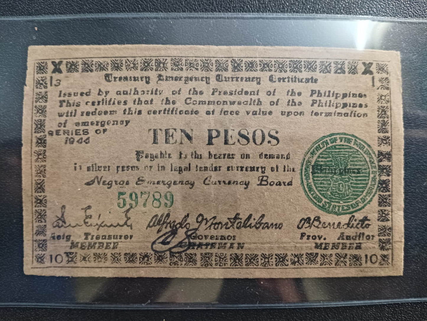 10 Pesos 1944 (TREASURY EMERGENCY CURRENCY CERTIFICATE) - Philippines Province of Negros Oriental (Island of Negros)) - (Ref : 121203)
