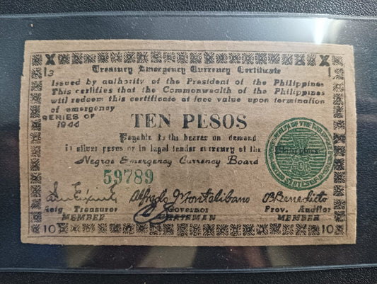 10 Pesos 1944 (TREASURY EMERGENCY CURRENCY CERTIFICATE) - Philippines Province of Negros Oriental (Island of Negros)) - (Ref : 121203)