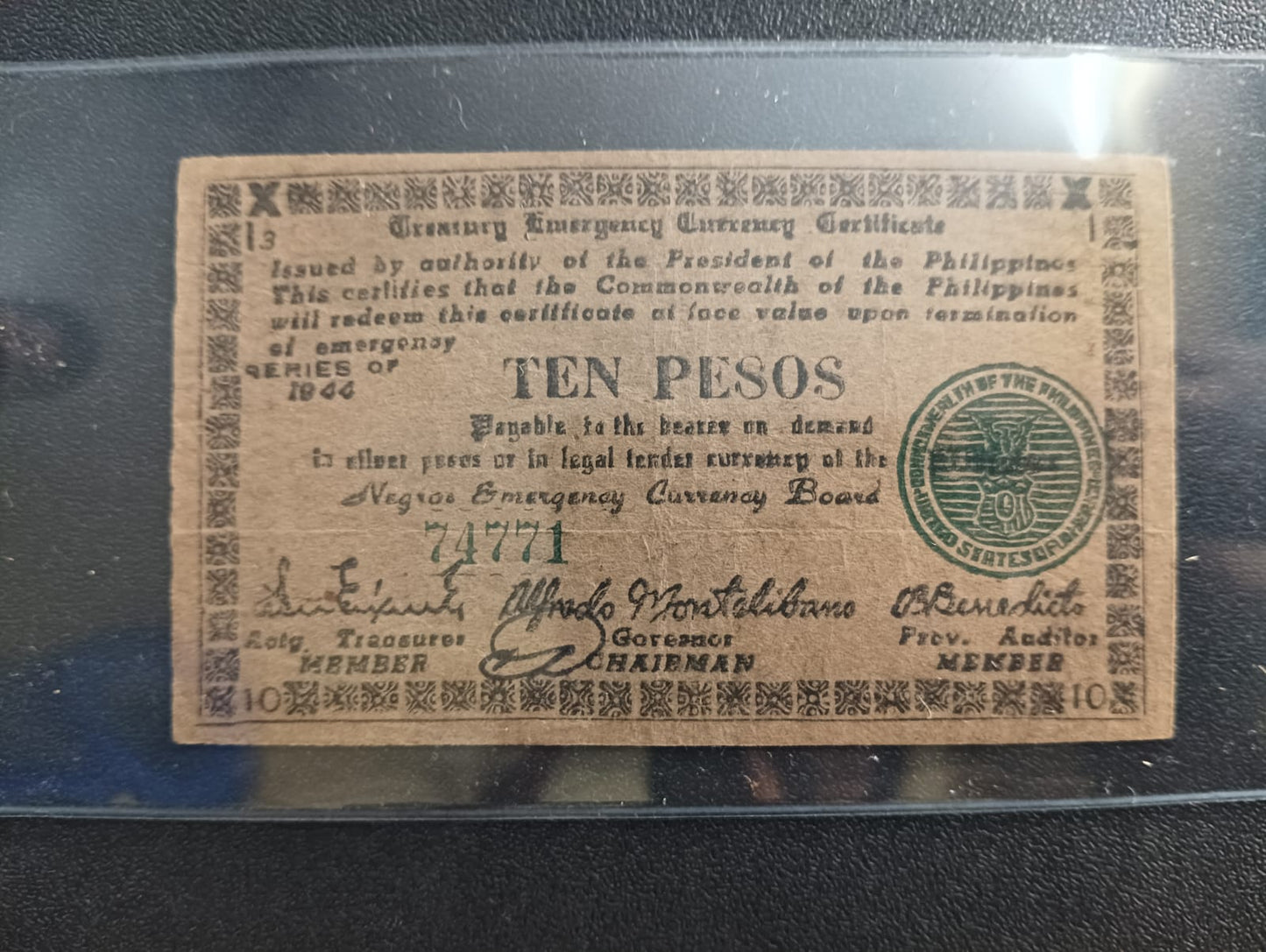 10 Pesos 1944 (TREASURY EMERGENCY CURRENCY CERTIFICATE) - Philippines Province of Negros Oriental (Island of Negros)) - (Ref : 121204)