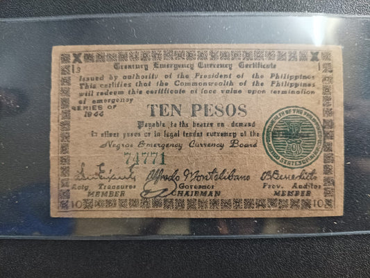 10 Pesos 1944 (TREASURY EMERGENCY CURRENCY CERTIFICATE) - Philippines Province of Negros Oriental (Island of Negros)) - (Ref : 121204)