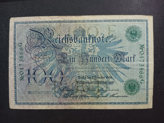 100 Mark 1908 Reichsbanknote; (green seal) - Germany (Ref : AUC0901)