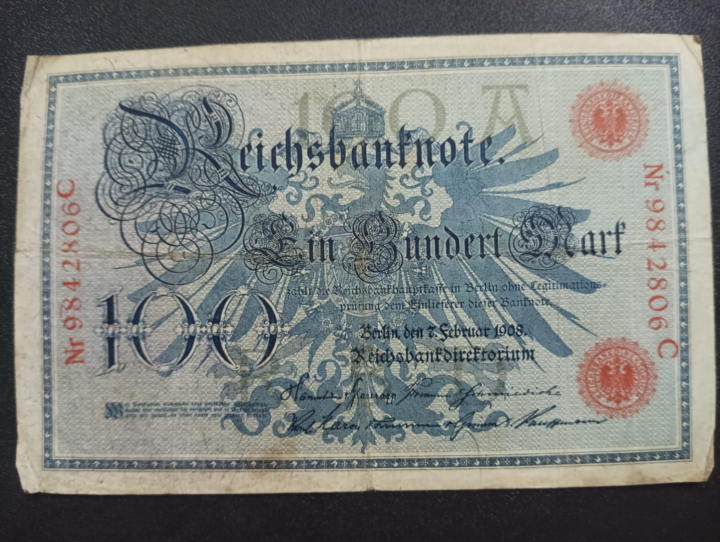100 Mark 1910 Reichsbanknote; (red seals) - Germany (Ref : AUC0902)