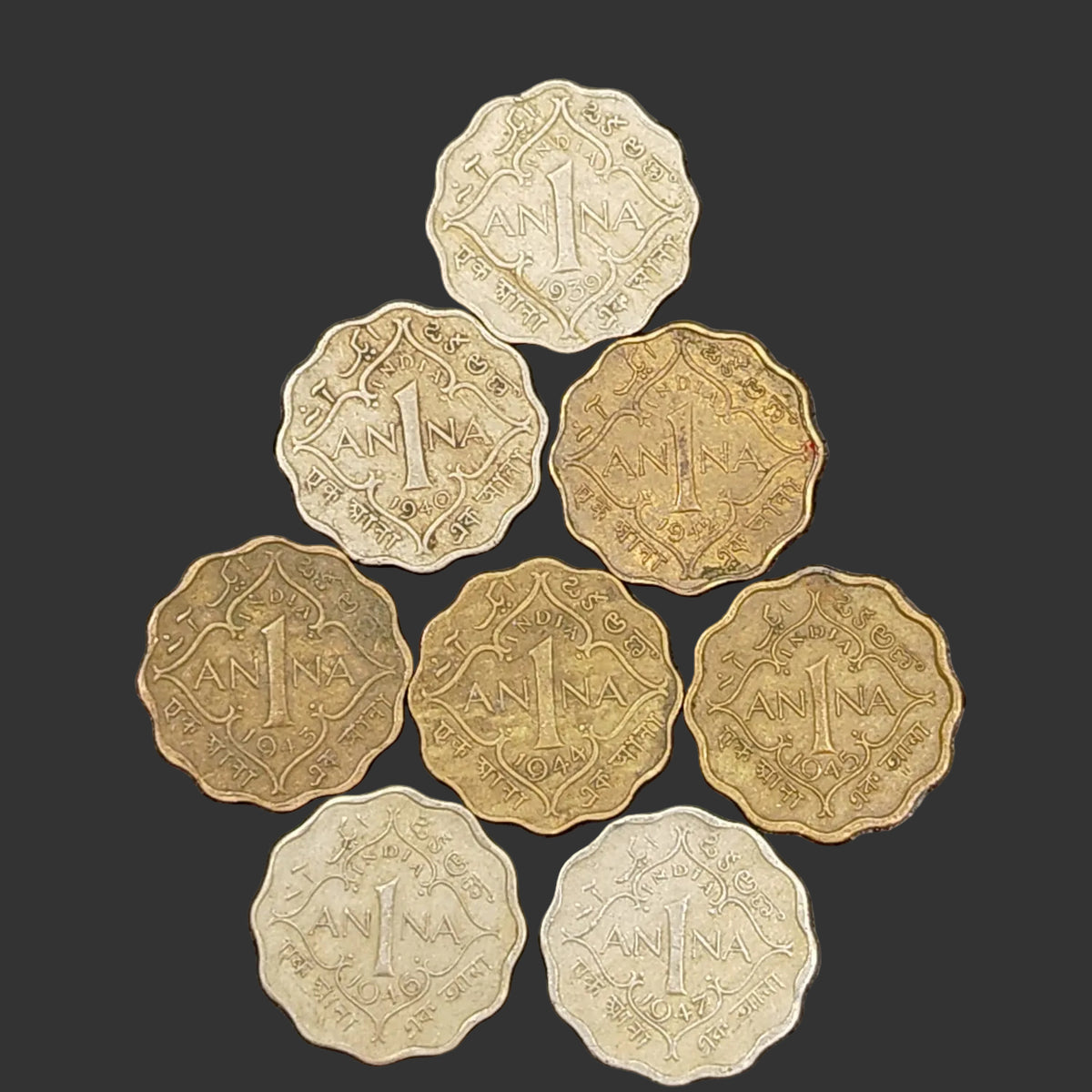 Set of 8 1 Anna Coins 1939/40/42/43/44/45/46/47 George VI