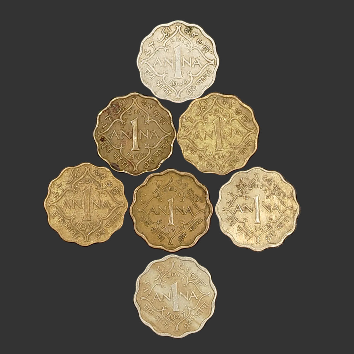 Set of 7 1 Anna Coins 1940/42/43/44/45/46/47 George VI