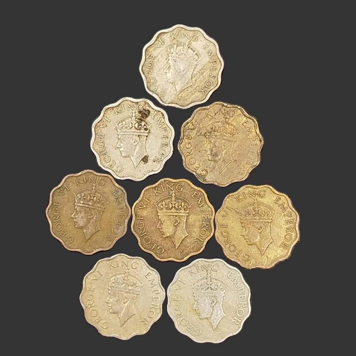 Set of 8 1 Anna Coins 1939/40/42/43/44/45/46/47 George VI