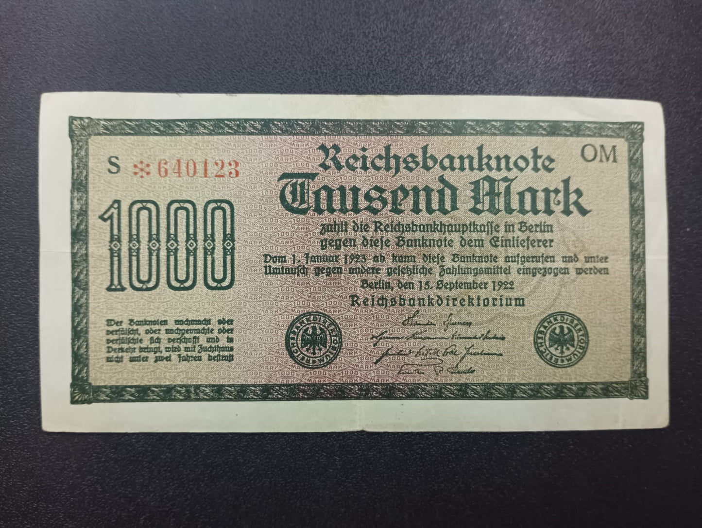 1000 Mark 1922 (Reichsbanknote) - Germany (Ref : AUC0777)