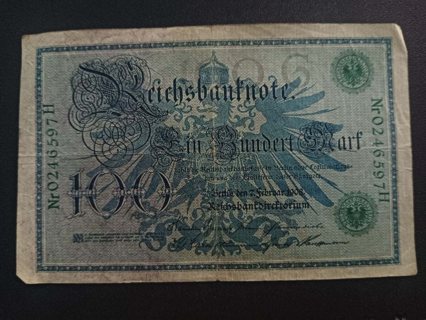 100 Mark 1908 Reichsbanknote; (green seal) - Germany (Ref : AUC0853)