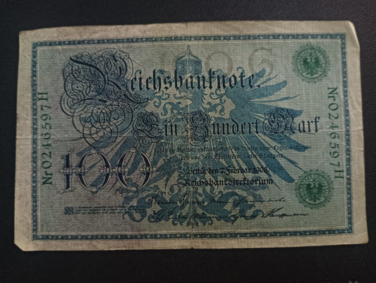 100 Mark 1908 Reichsbanknote; (green seal) - Germany (Ref : AUC0853)