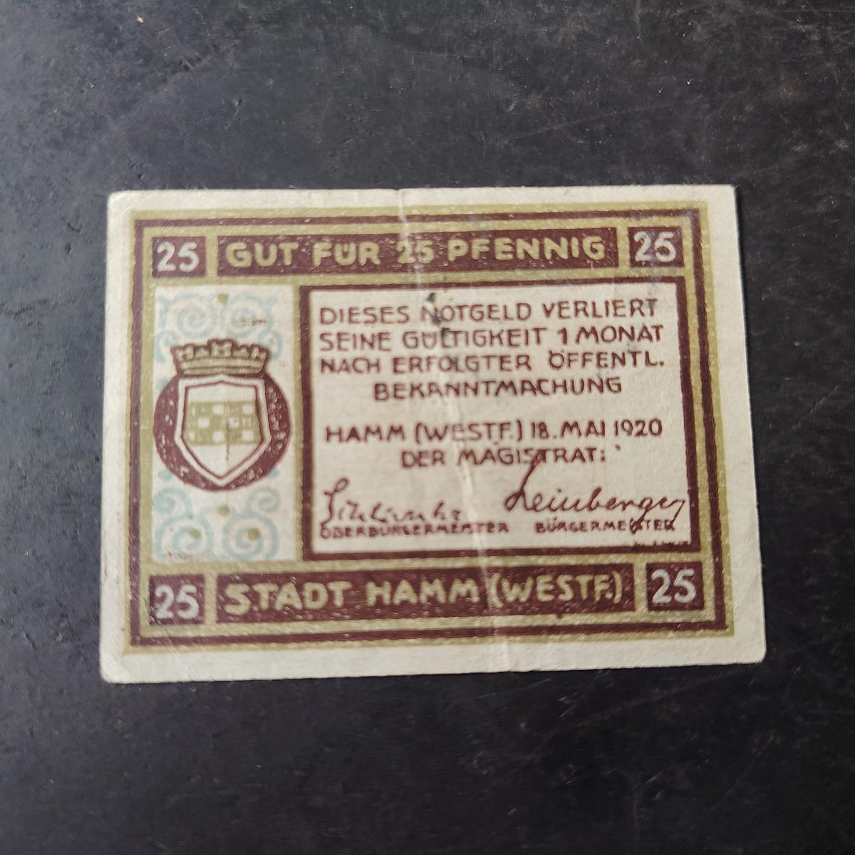 25 Pfennig 1920 	City of Hamm (notgeld) (Prussian province of Westphalia) (Ref : AUC1980)