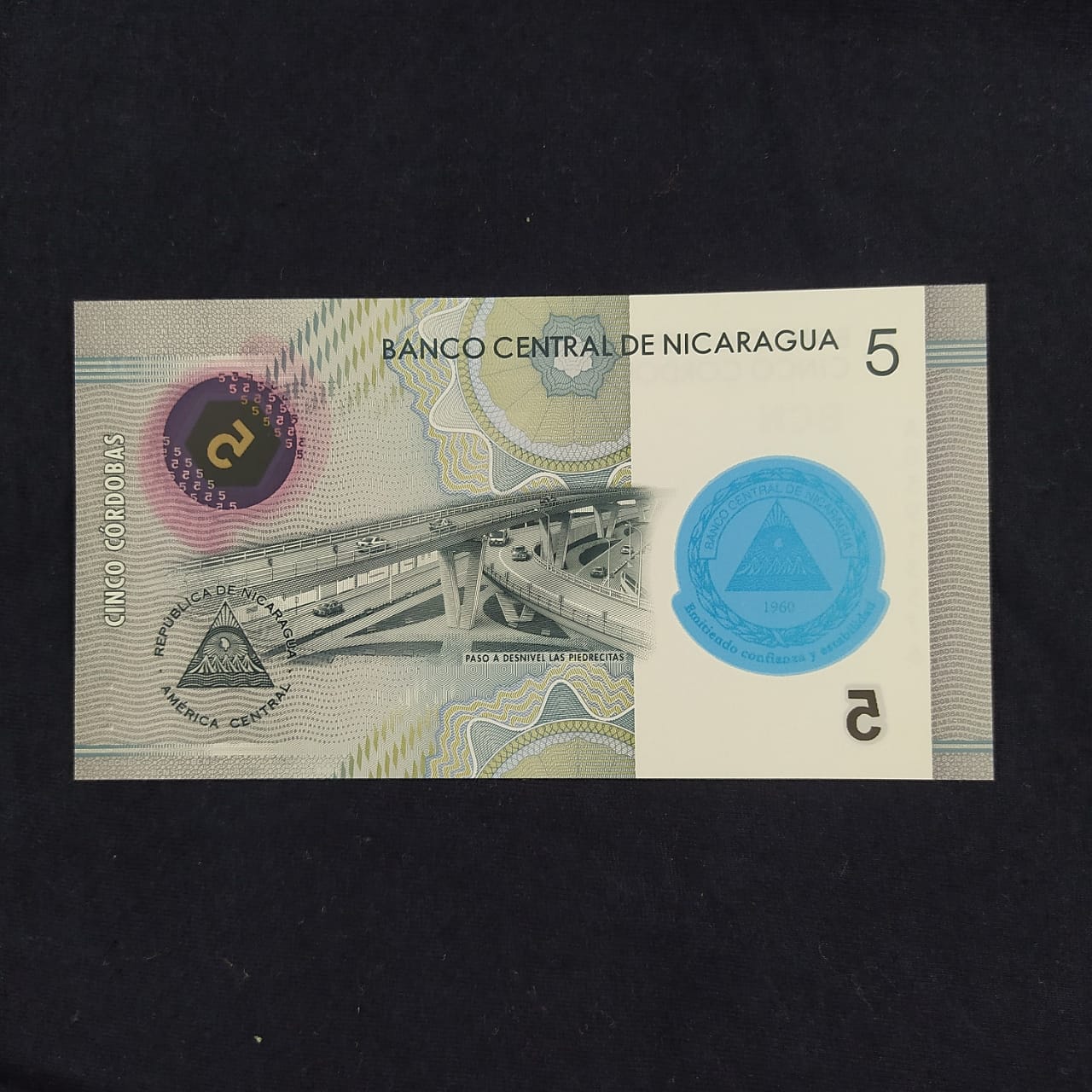 5 Cordobas UNC Scarce - 60 Yrs of the Central Bank of Nicaragua - Commemorative Issue - Polymer Note