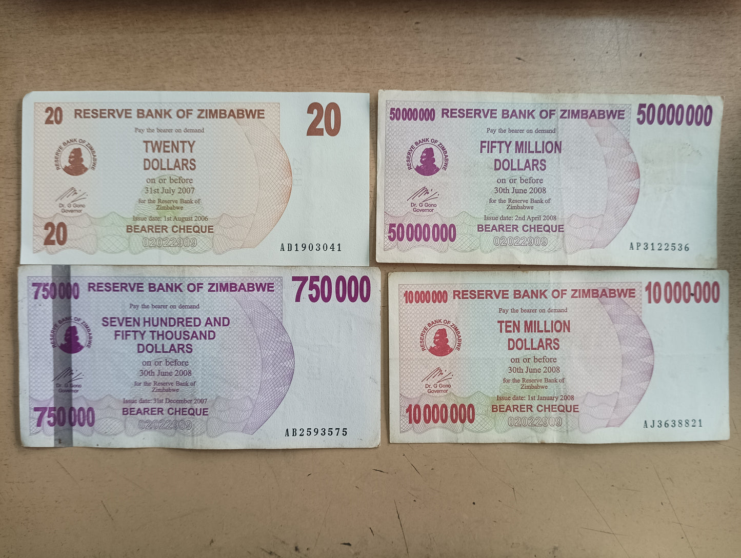 Set of 4  Denomination Bank Notes - 20/7,50,000/10 Million /50 Million Dollars (Random Serial Number) - Zimbabwe