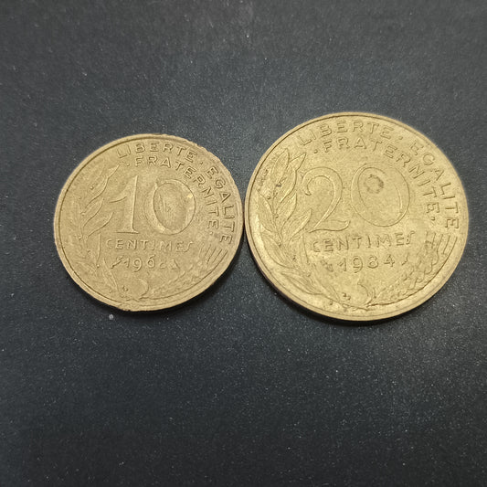 Set of 2 Coins - 10/20 Centime France (Random Years)