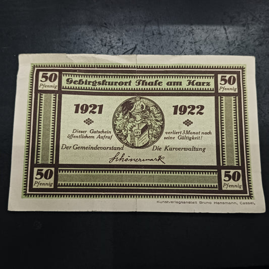 50 Pfennig 1921 -, City of Thale am Harz - German Notgeld (Ref: AUC1887)