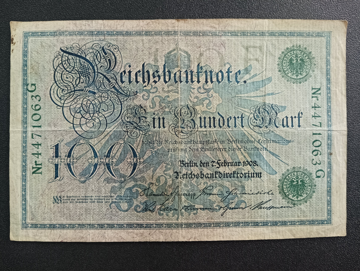 100 Mark 1908 Reichsbanknote; (green seal) - Germany (Ref : AUC0752)