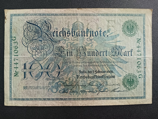 100 Mark 1908 Reichsbanknote; (green seal) - Germany (Ref : AUC0752)