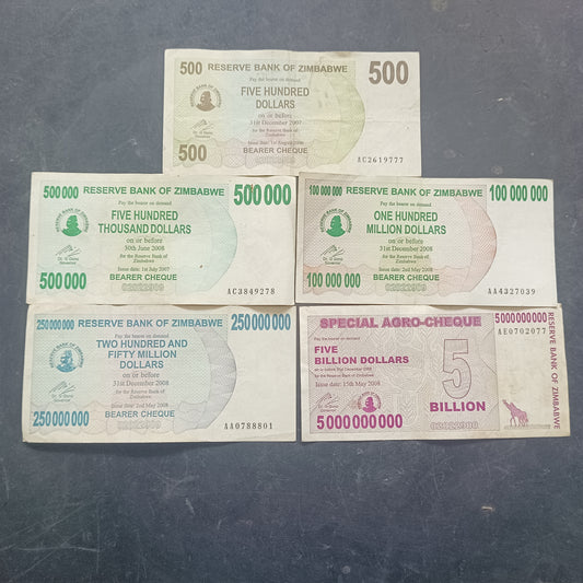 Set of 5 High Denomination Notes (500/500000/100000000/250000000/5 Billion)- Zimbabwe - Random serial number (Ref : AUC1748)