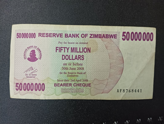 50 Million Dollars 2008 (Bearer Cheque) - Zimbabwe