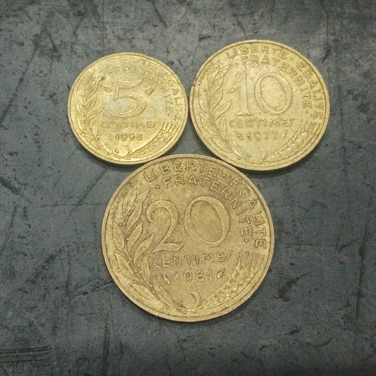 Set of 3 Coins - 5/10/20 Centime France (Random Years)