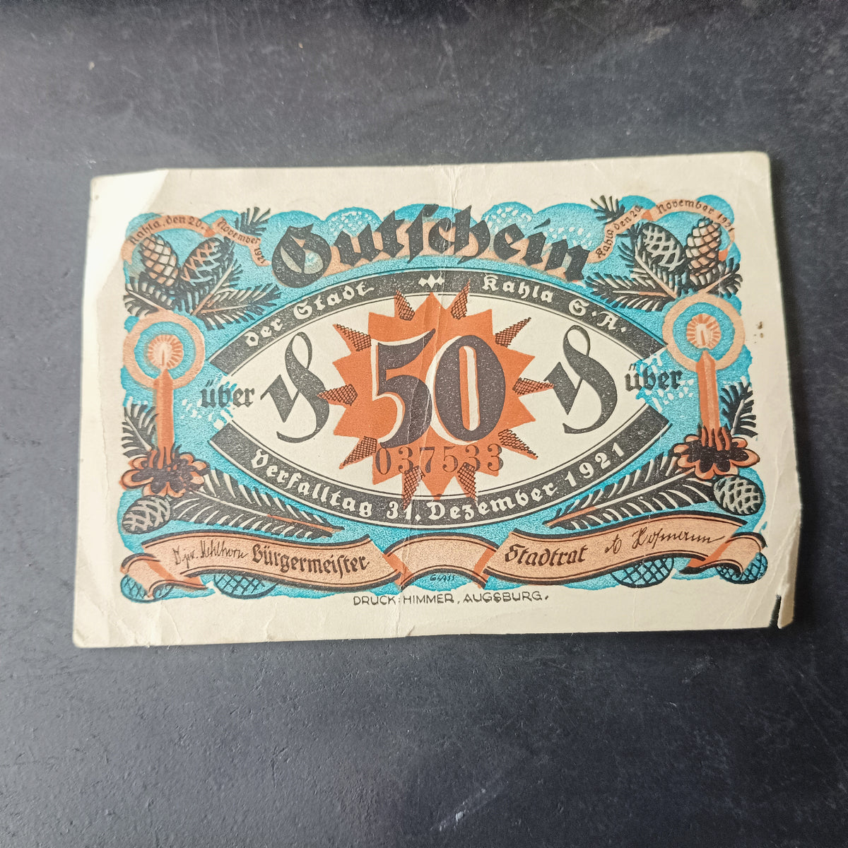50 Pfennigs (1921 Christmas Series) - 	City of Kahla (Federal state of Thuringia) - German Notgeld (ref: AUC2036)