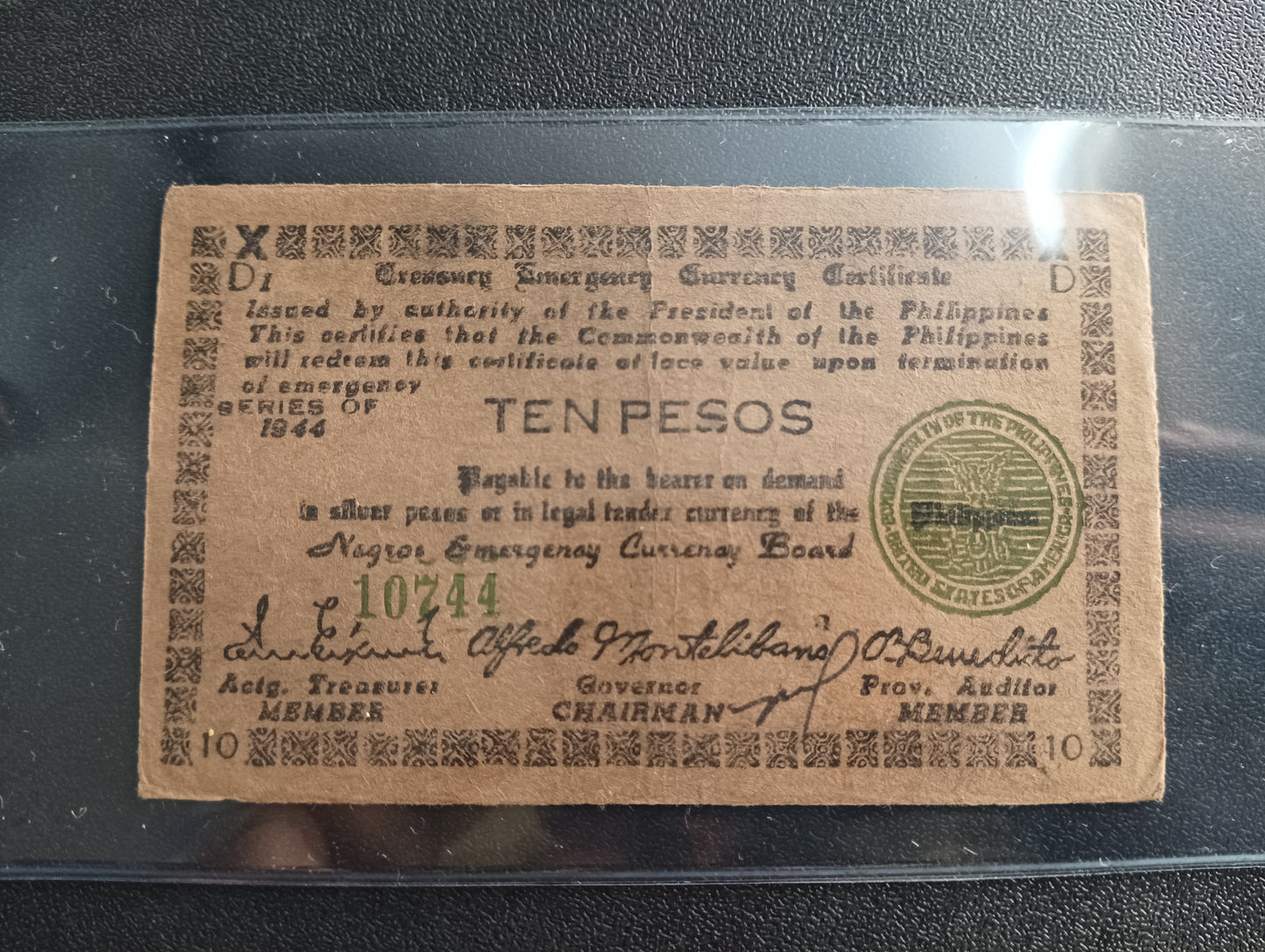 10 Pesos 1944 (TREASURY EMERGENCY CURRENCY CERTIFICATE) - Philippines 	Province of Negros Oriental (Island of Negros)) - (Ref : AUC0762)