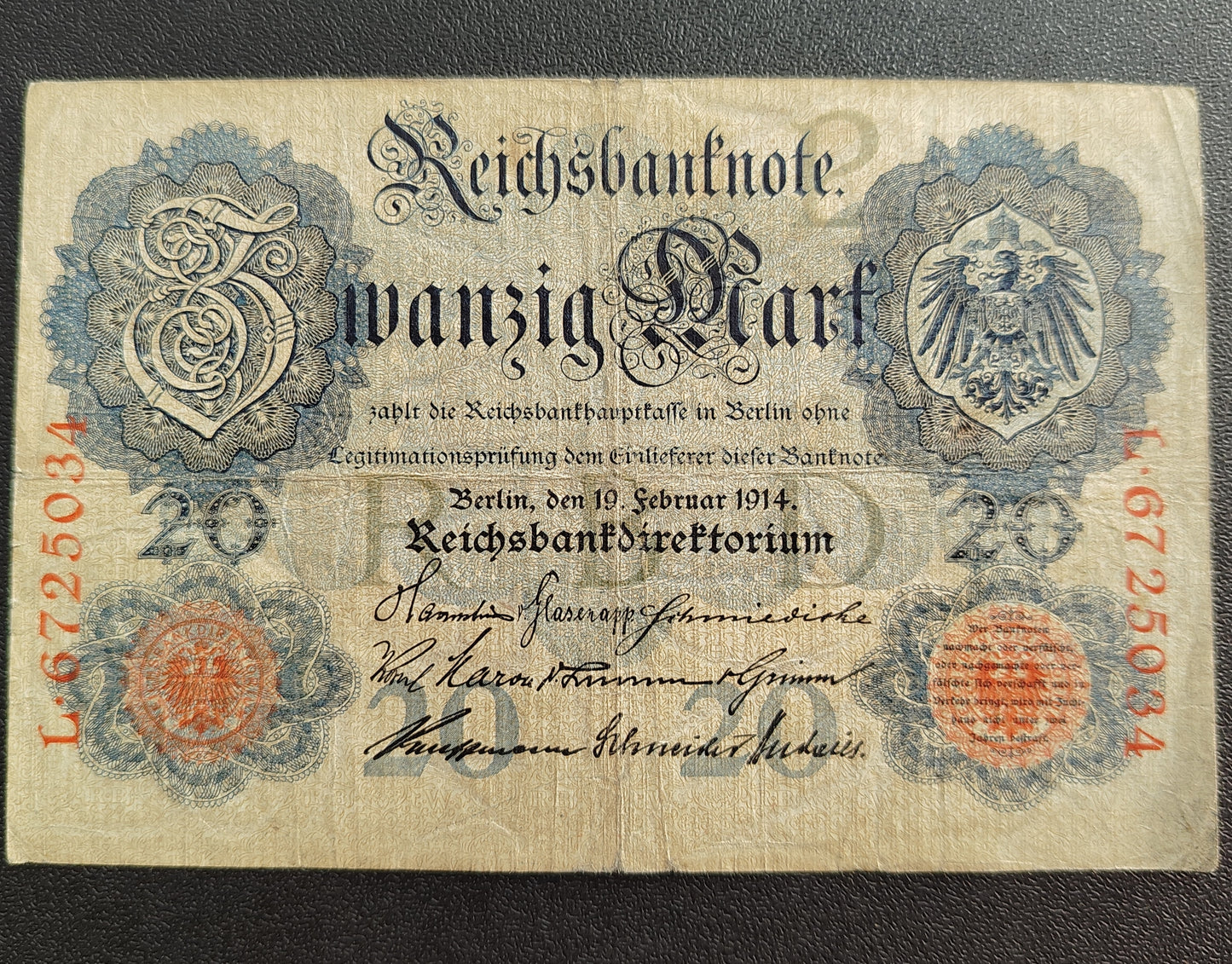 20 Mark Reichsbanknote 1914 William II Germany (Ref : AUC1494)