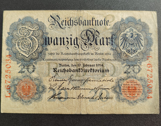 20 Mark Reichsbanknote 1914 William II Germany (Ref : AUC1494)