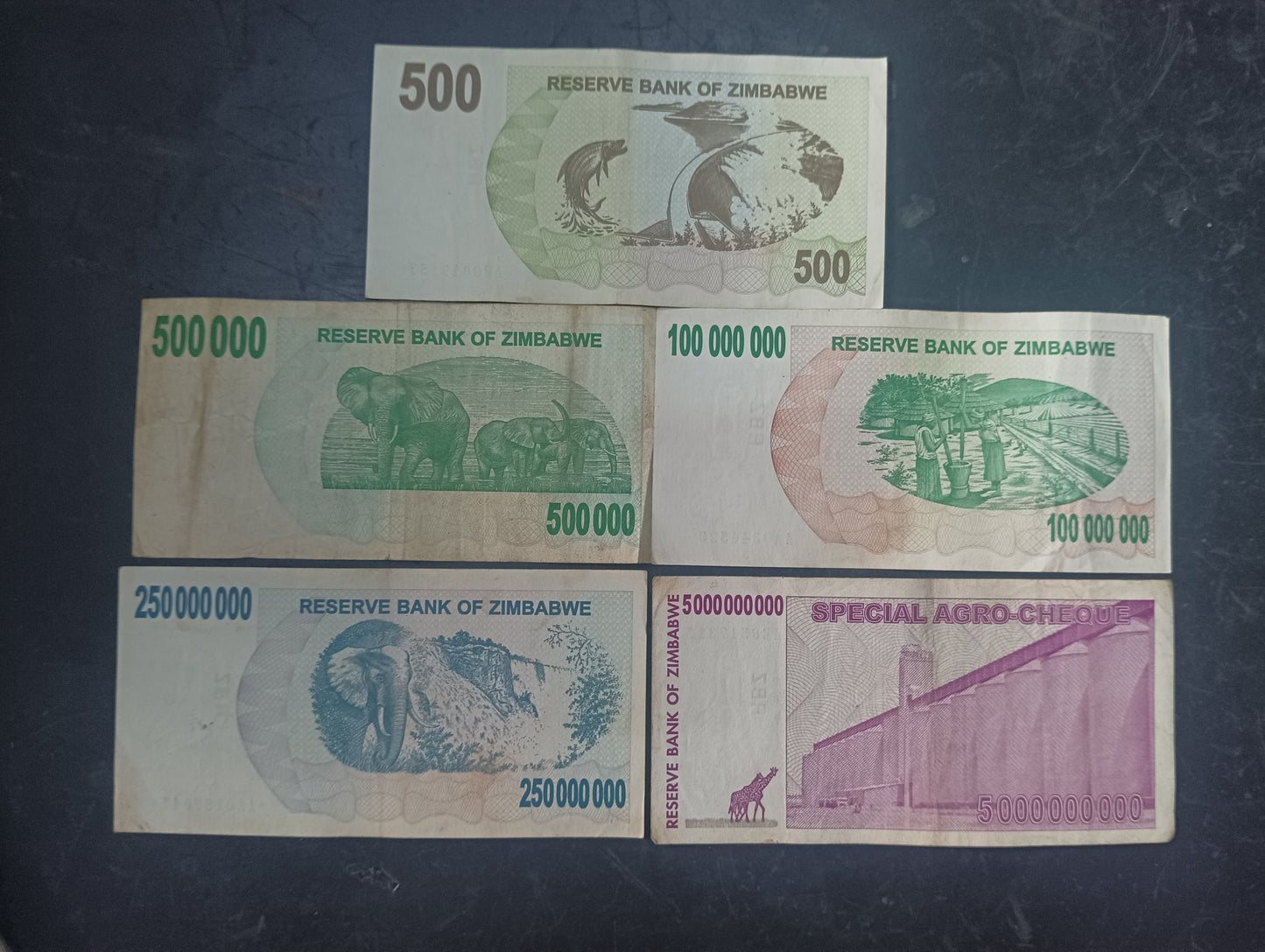Set of 5 High Denomination Notes (500/500000/100000000/250000000/5 Billion)- Zimbabwe (Ref : AUC1451)