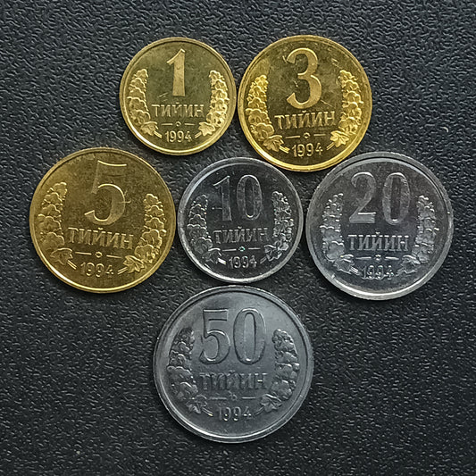Set of 6 UNC Coins - Uzbekistan (1/3/5/10/20/50 Tiyin)