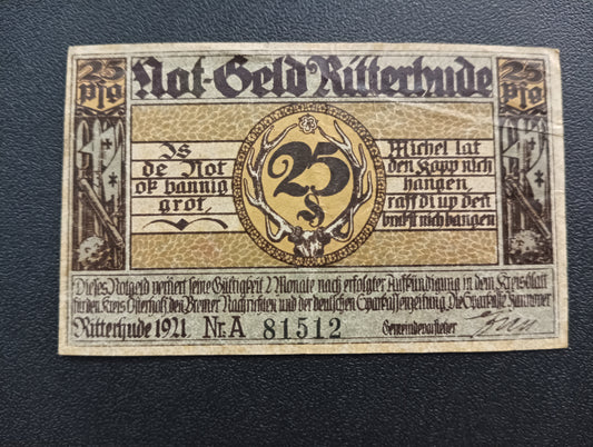 25 Pfennig 1921 -	Municipality of Ritterhude (Prussian province of Hanover) - German Notgeld (Ref : AUC0641)