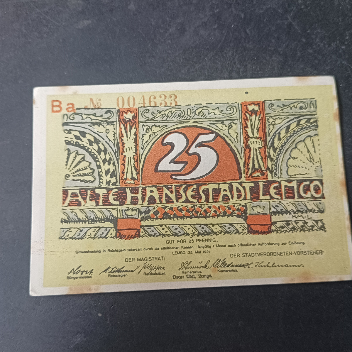 25 Pfennig 1921 - City of Lemgo (Federal state of Lippe) - German Notgeld (Ref: AUC2039)