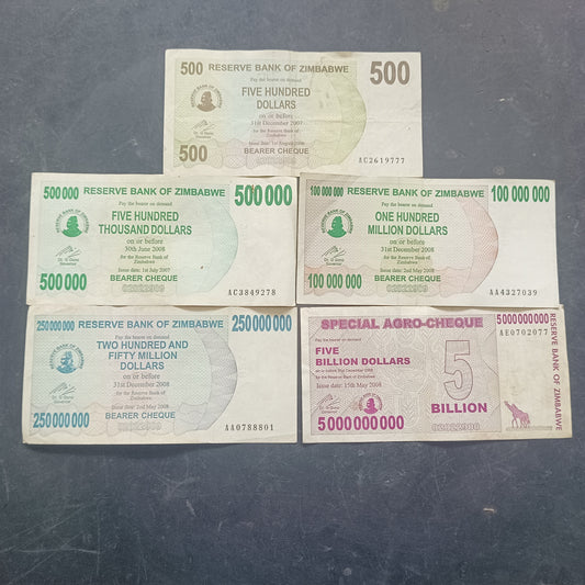 Set of 5 High Denomination Notes (500/500000/100000000/250000000/5 Billion)- Zimbabwe - Random serial number